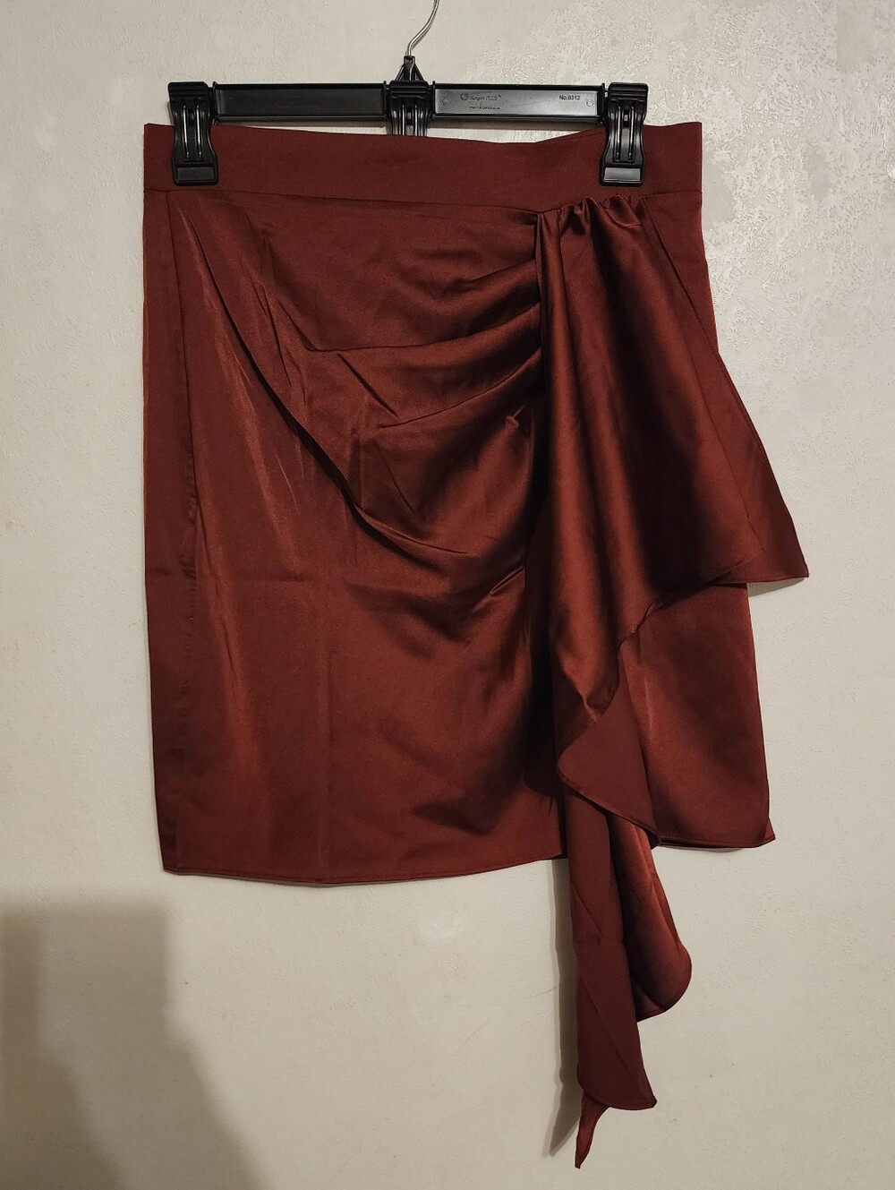 Venus Satin Rust Mini Skirt Asymmetric Draped Ruffle Cascading Side Size 6 NWOT